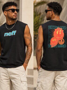 New Men's Neff Black Tank Top with Orange and Blue Graphics - M